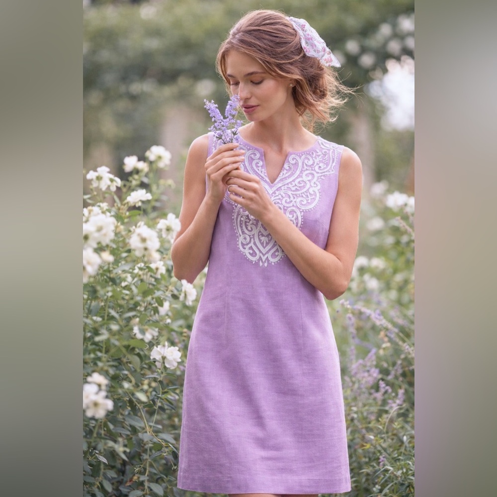 Talbots Lilac Linen Cotton Embroidered Shift Dress Sleeveless Split Neck Size 12